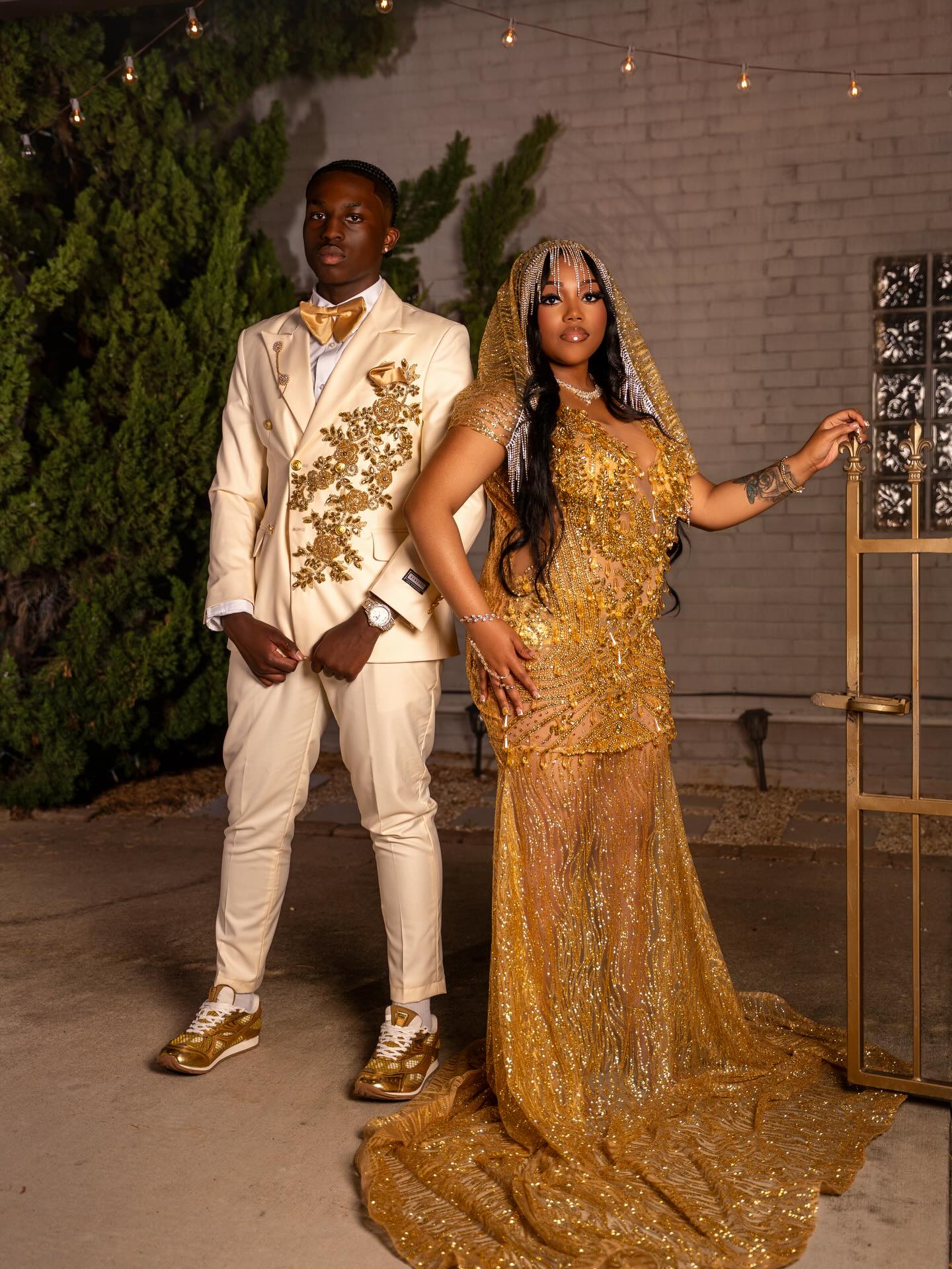 Gold Sequin Beaded Sheer Mermaid Prom Dress with Crystal Fringe Cap Sleeves & Cathedral Train