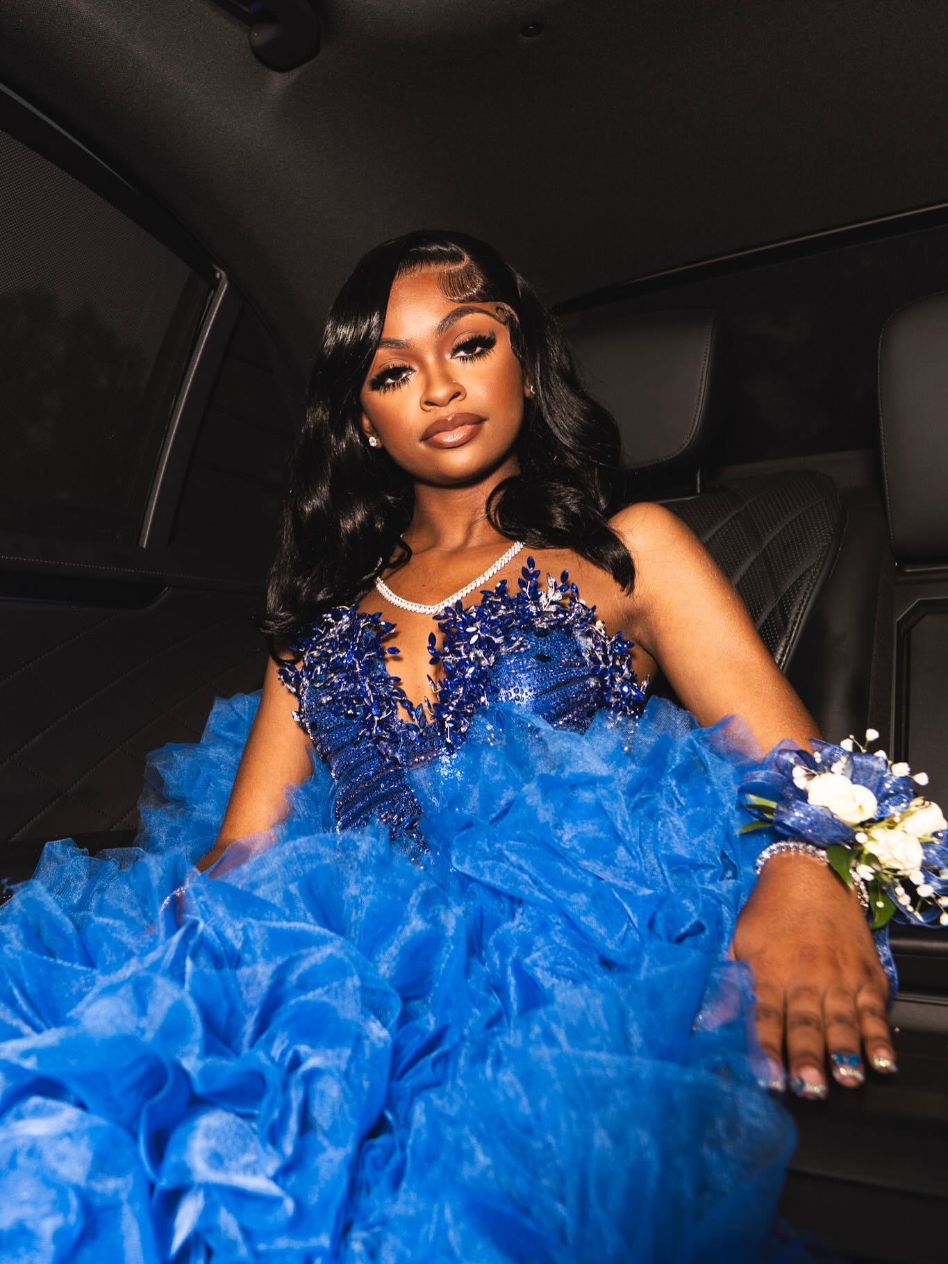 Royal Blue Crystal Beaded Strapless Mermaid Prom Dress with 3D Floral Appliqué & Ruffle Skirt