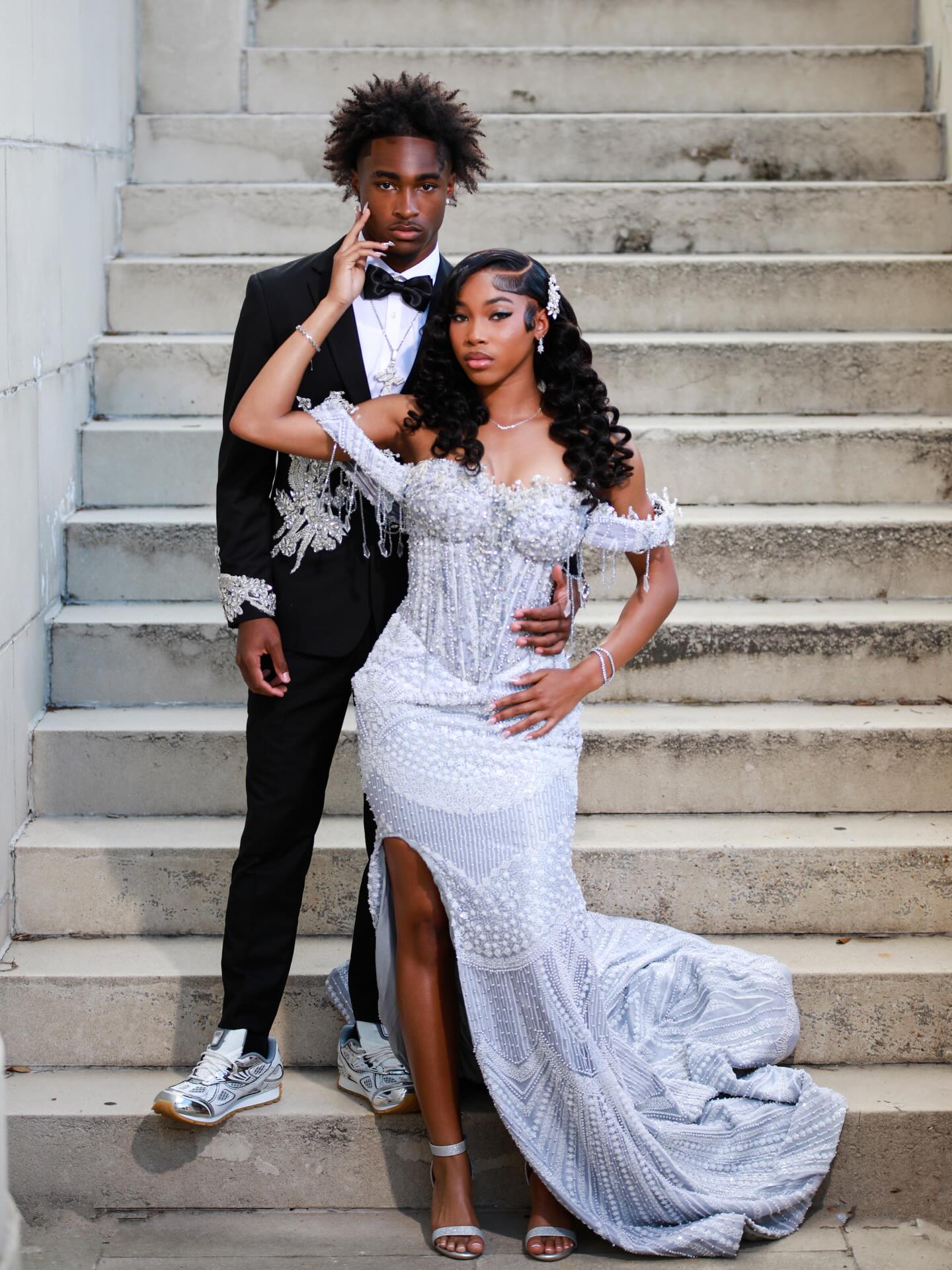 Silver Frost - Silver Crystal Beaded Off-Shoulder Mermaid Prom Dress with Crystal Fringe & Thigh Slit-LLELLA