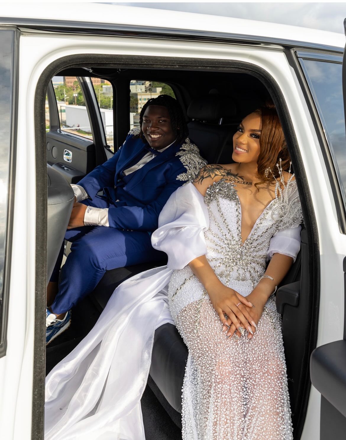 White Silver Deep V-Neck Full Crystal Beaded Sheer Mermaid Prom Dress with Feather Wrap