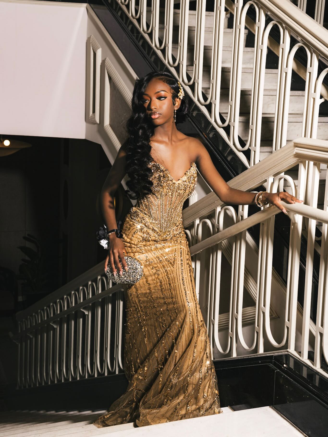 Champagne Gold Strapless Sweetheart Crystal Beaded Art Deco Mermaid Prom Dress with Sweep Train