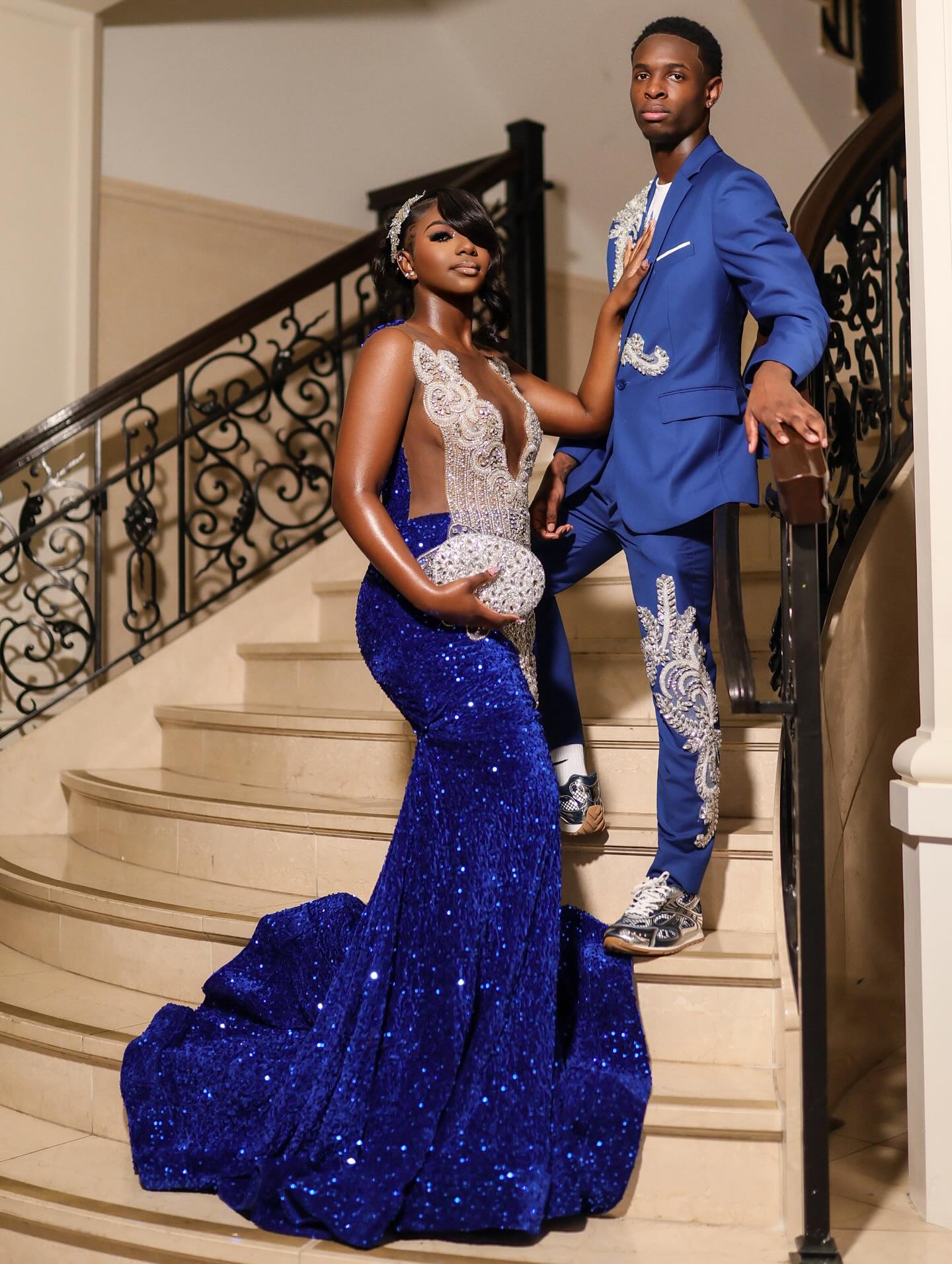 Royal Blue Sequin Beaded Mermaid Prom Dress with Sheer Bodice & Crystal Embellishments