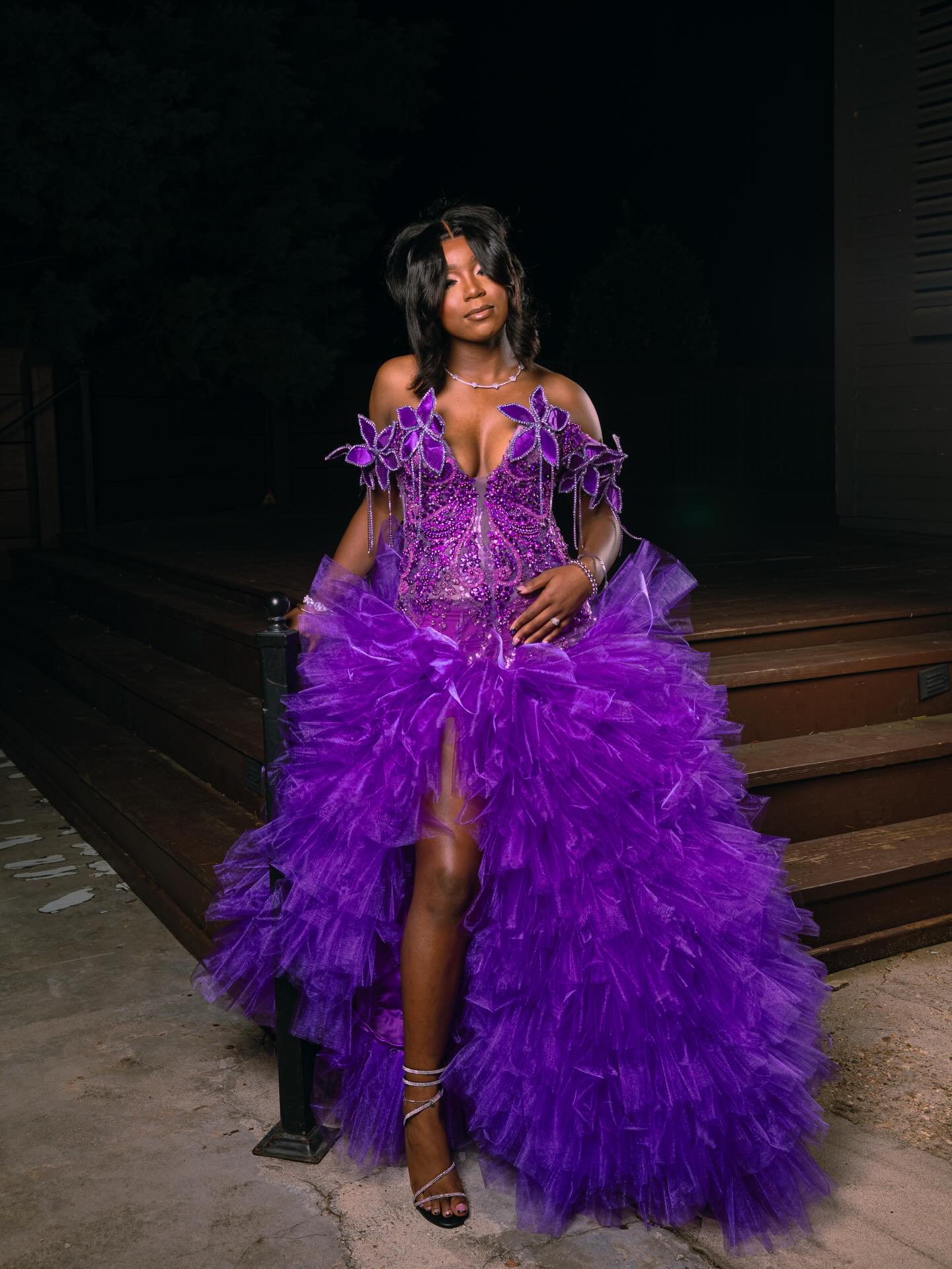 Purple Butterfly Sequin Beaded Off-Shoulder Ruffle Ball Gown