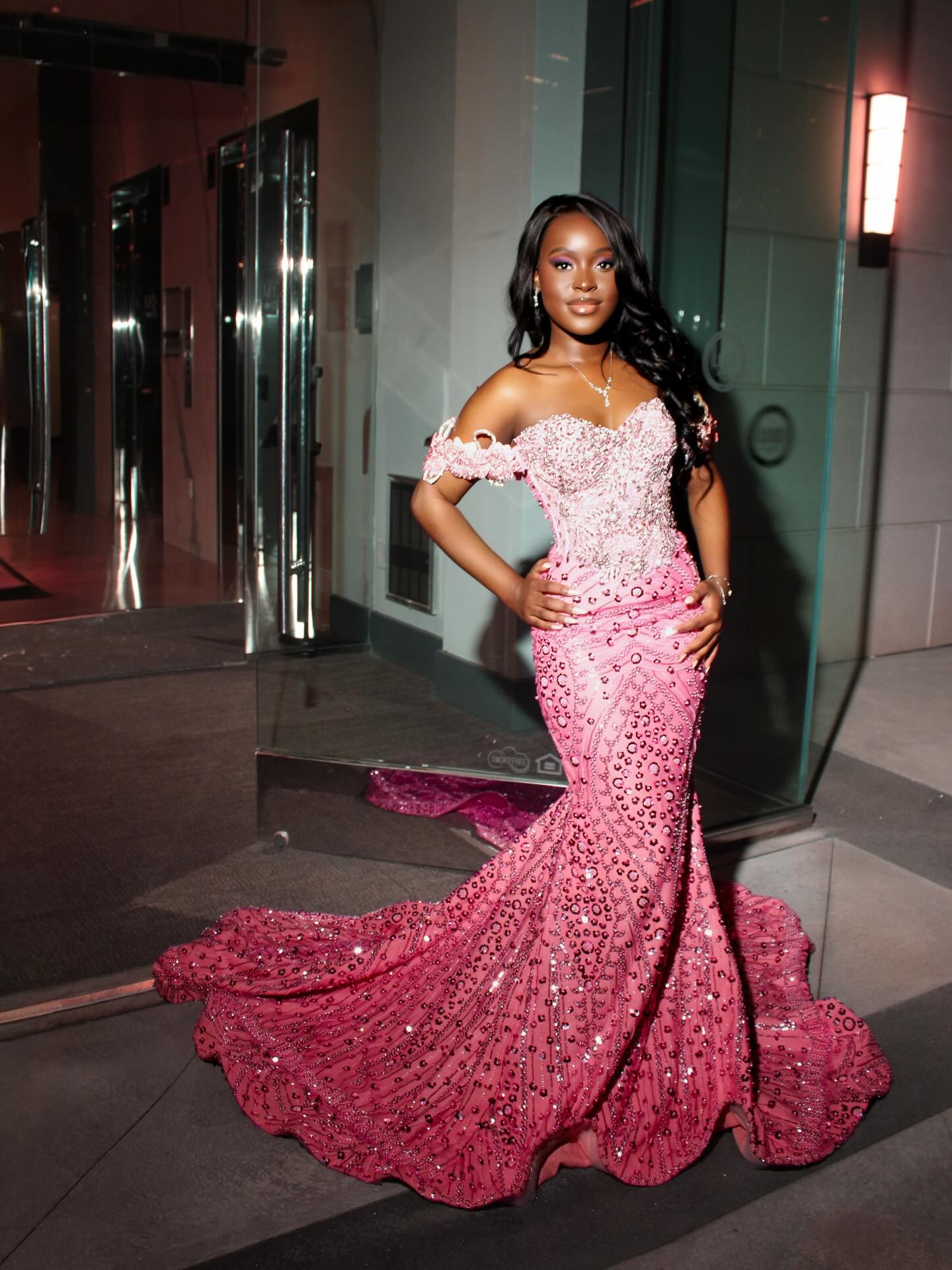 Hot Pink Off-Shoulder Crystal Beaded Mermaid Prom Dress with 3D Floral Applique