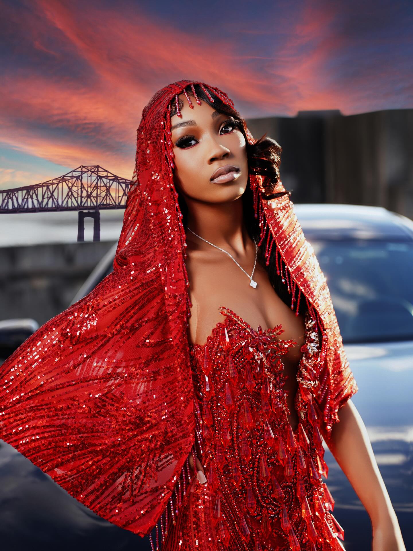Crimson Red Crystal Bugle Bead Fringe Tassel Deep V-Neck Sheer Mermaid Prom Dress with Matching Cape Shawl