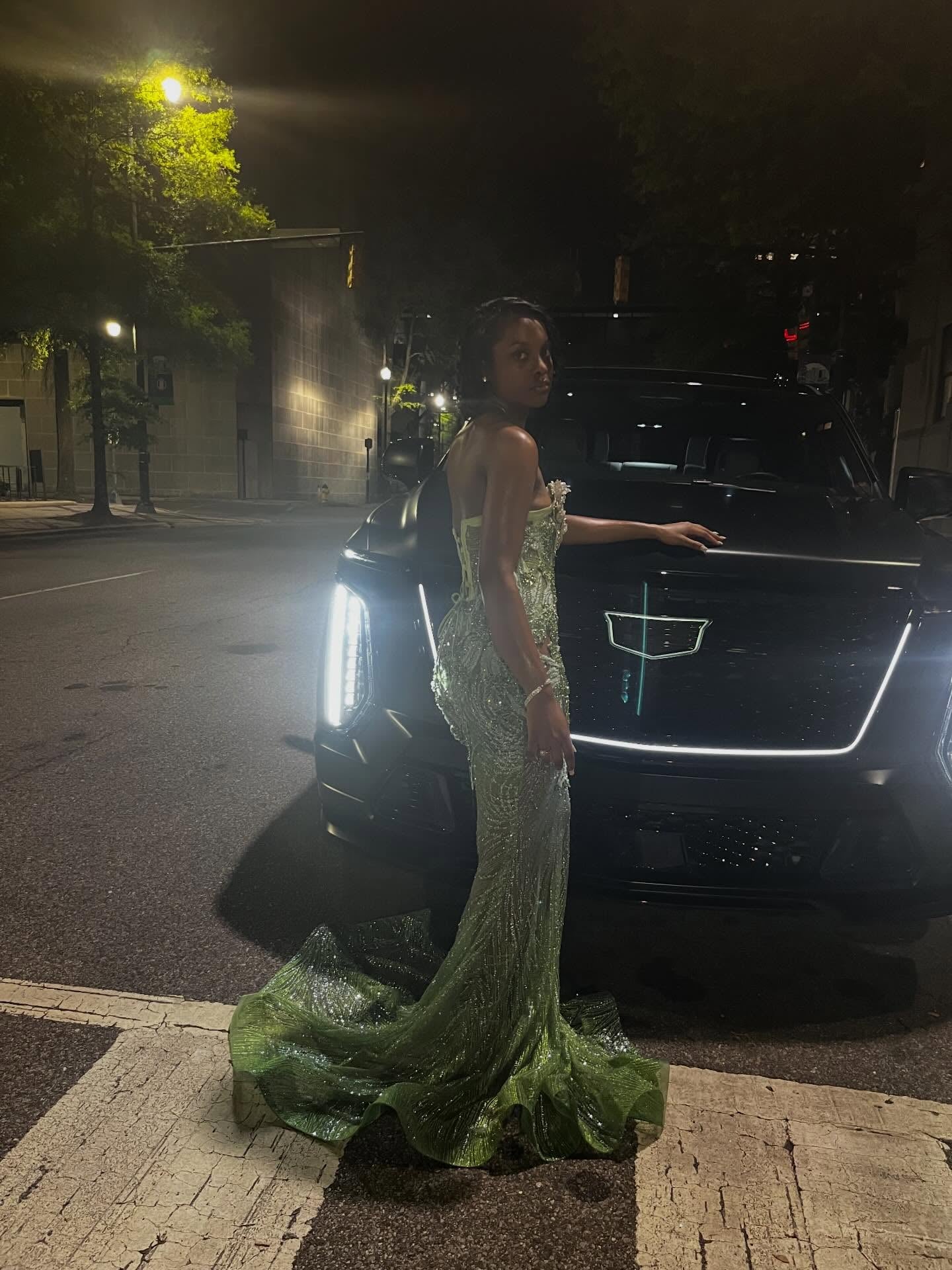 Emerald Enchantress – Sage Green Gold Crystal Beaded Strapless Mermaid Prom Dress with 3D Floral Corset & Lace-Up Back