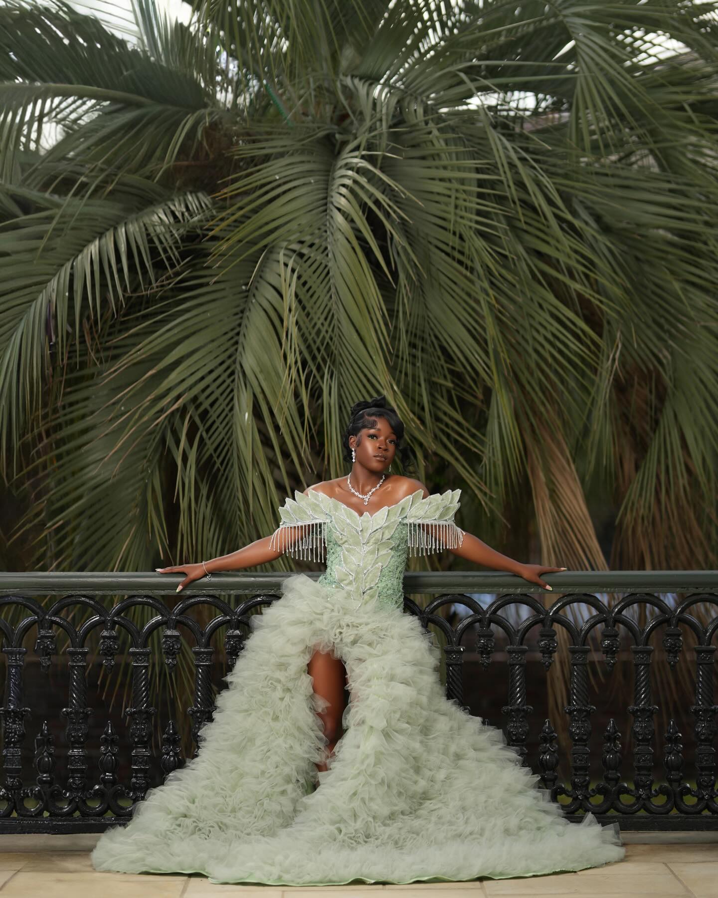 Mint Green Off-Shoulder Sequin Beaded Prom Dress with 3D Leaf Appliqué & Ruffle Tulle Train-LLELLA