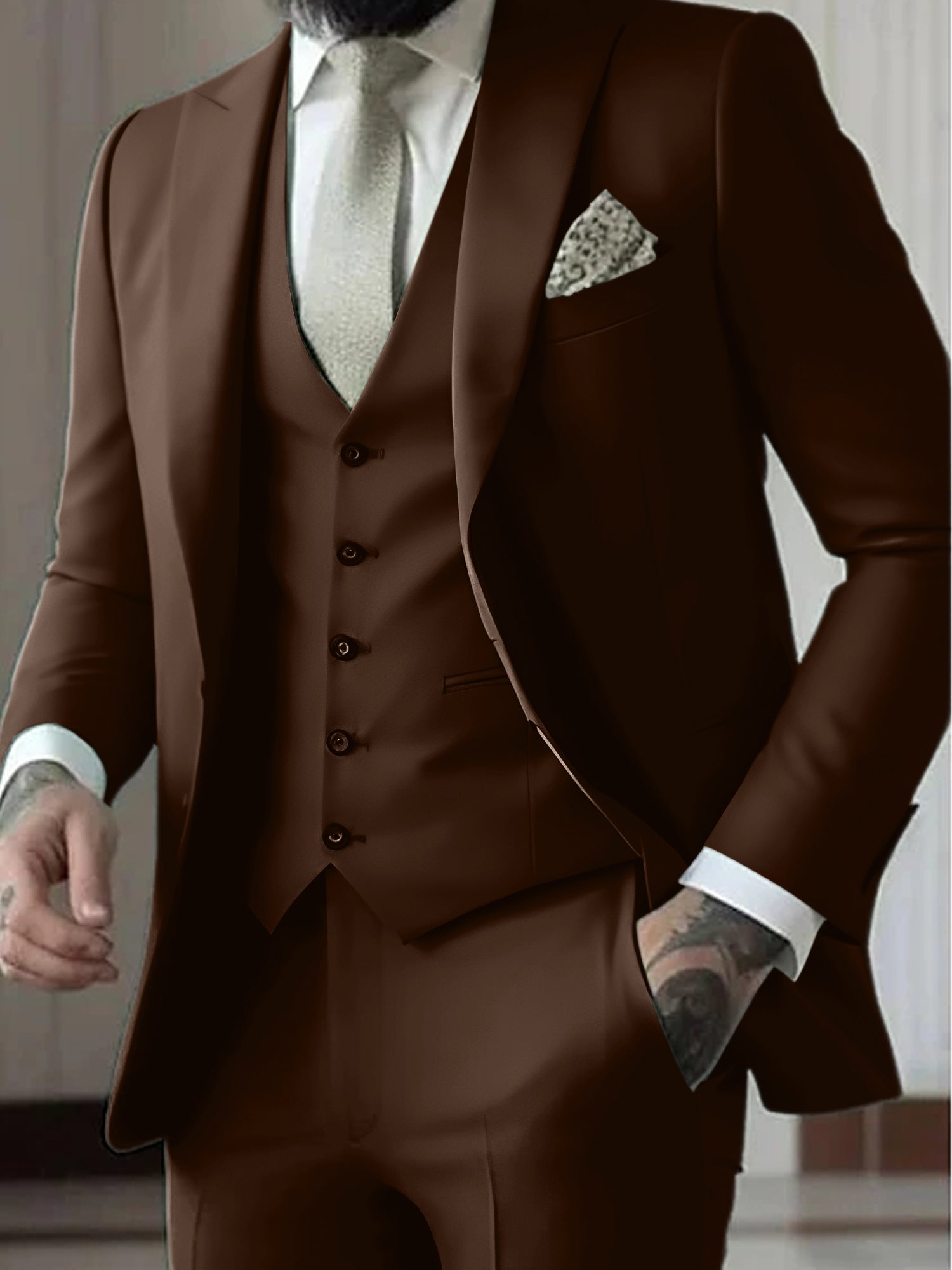 Men's Tailored Fit Single Breasted One-button 3 Pieces Wedding Suits Brown