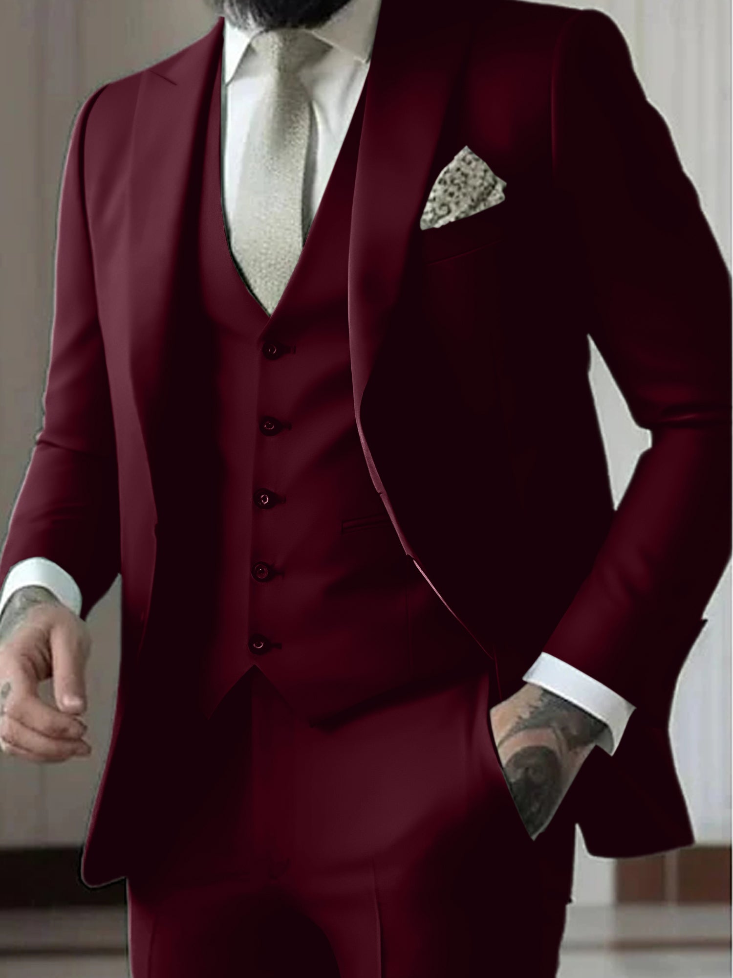 Men's Tailored Fit Single Breasted One-button 3 Pieces Wedding Suits Burgundy