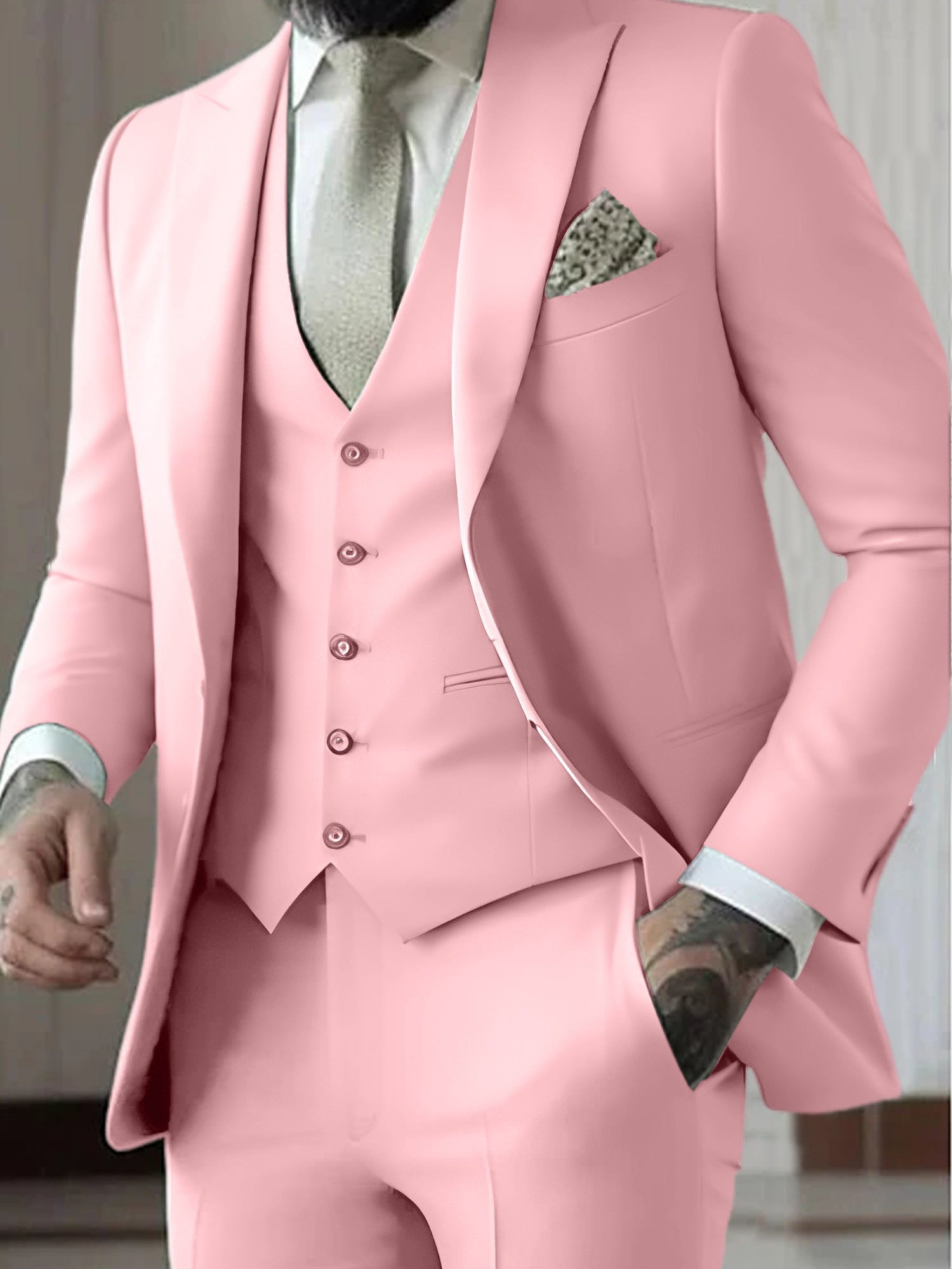 Men's Tailored Fit Single Breasted One-button 3 Pieces Wedding Suits Pink