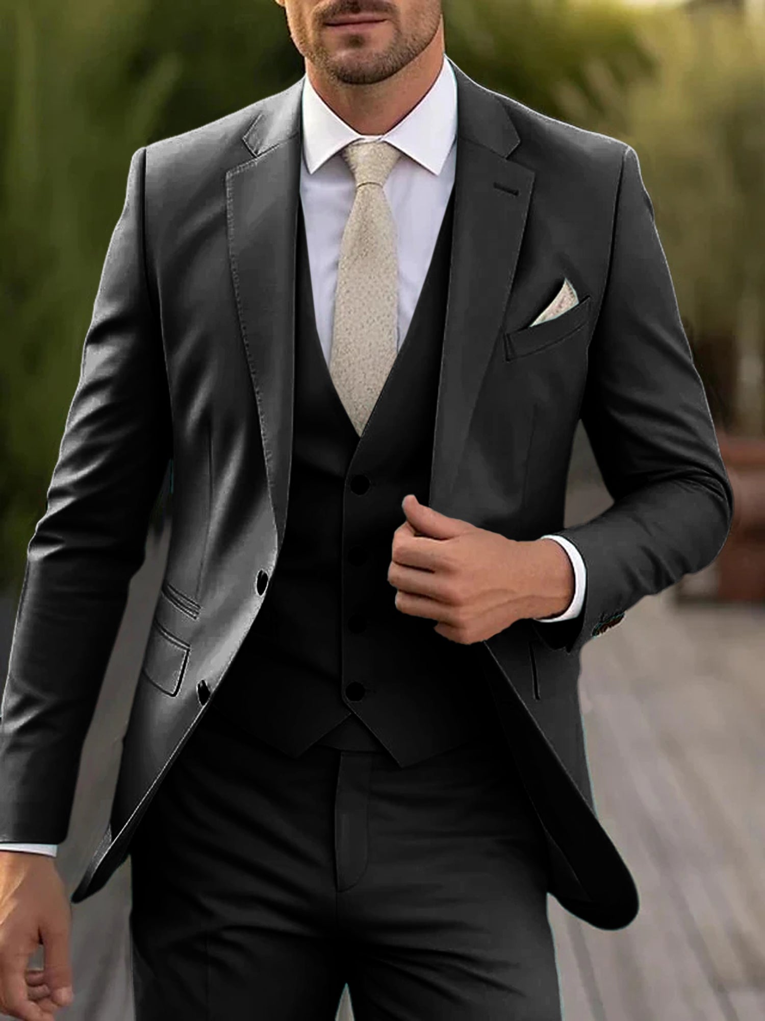 Men's Tailored Fit Single Breasted Two-buttons 3 Pieces Wedding Suits Black