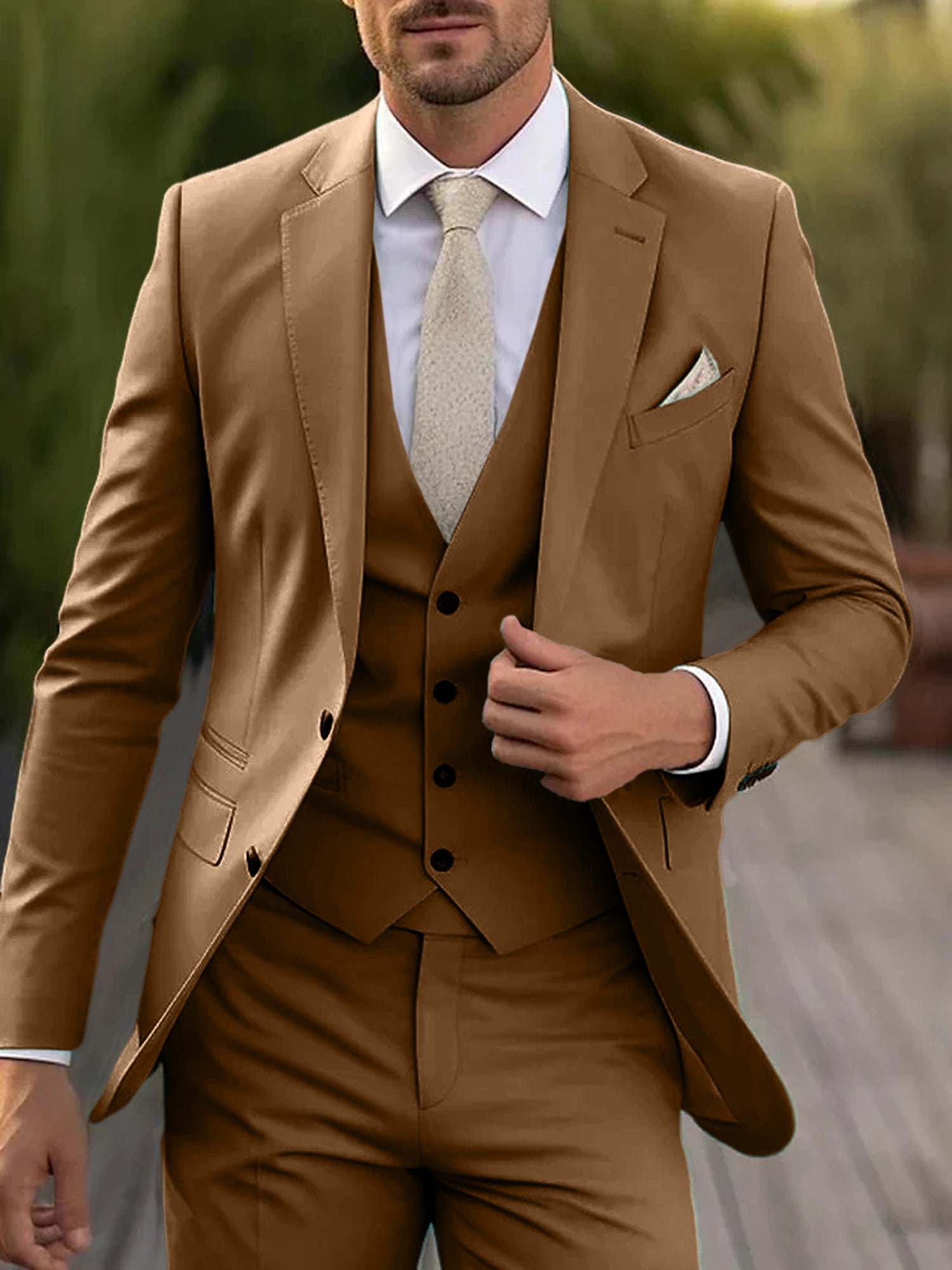 Men's Tailored Fit Single Breasted Two-buttons 3 Pieces Wedding Suits Khaki