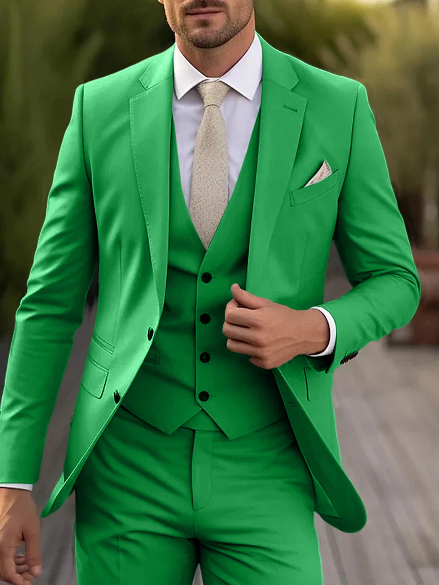 Men's Tailored Fit Single Breasted Two-buttons 3 Pieces Wedding Suits Lime Green