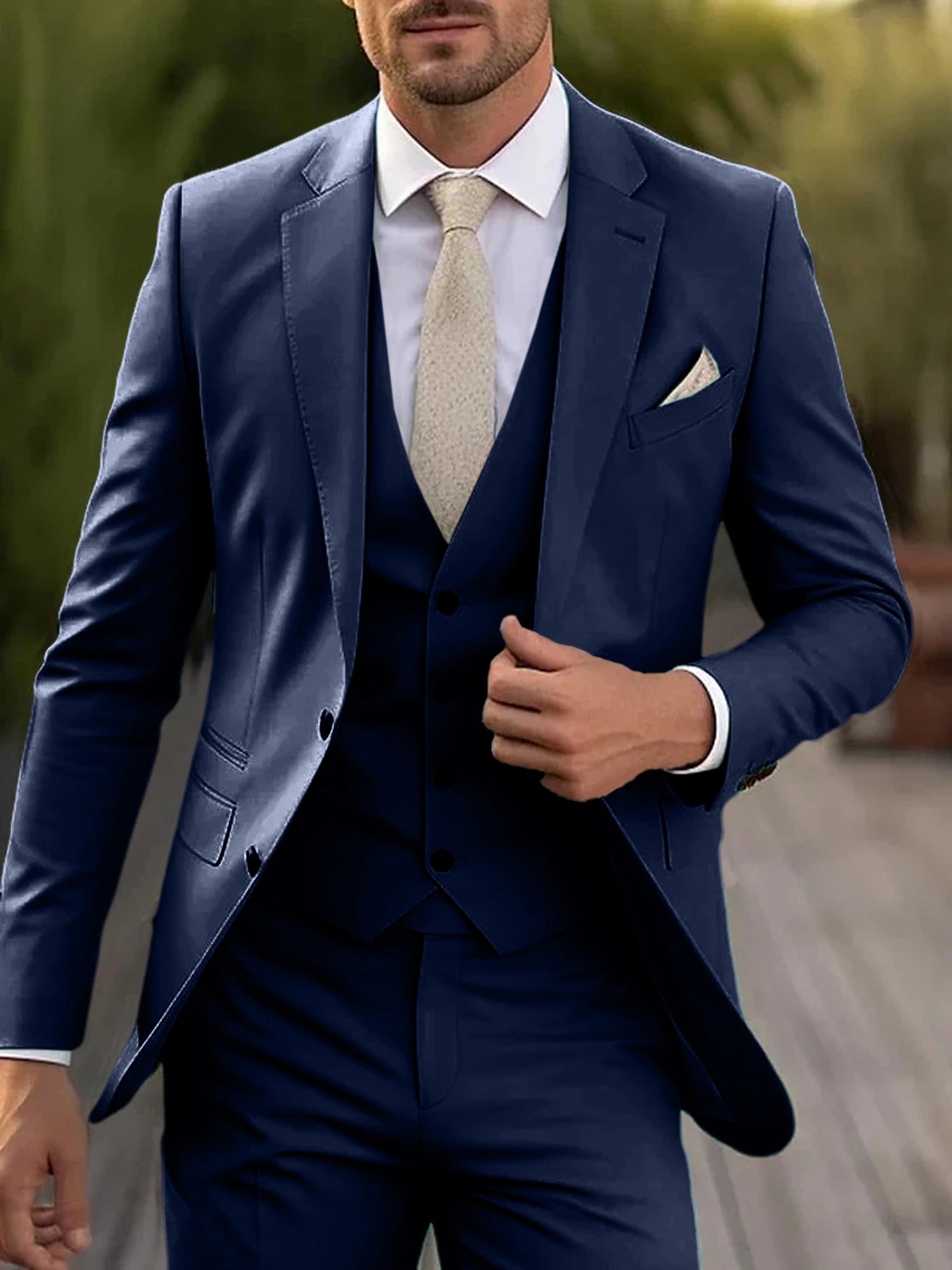Men's Tailored Fit Single Breasted Two-buttons 3 Pieces Wedding Suits Navy Blue