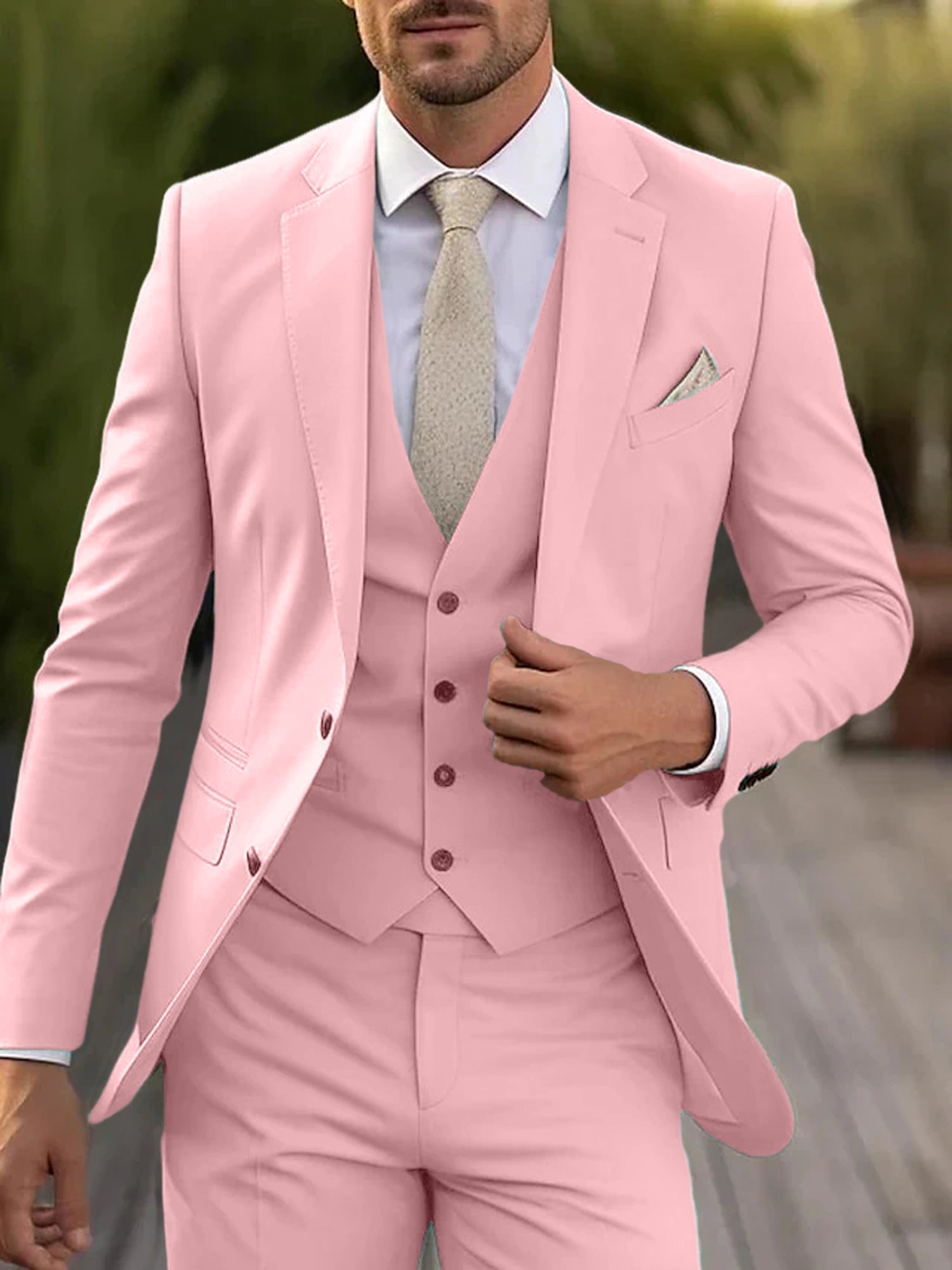 Men's Tailored Fit Single Breasted Two-buttons 3 Pieces Wedding Suits Pink