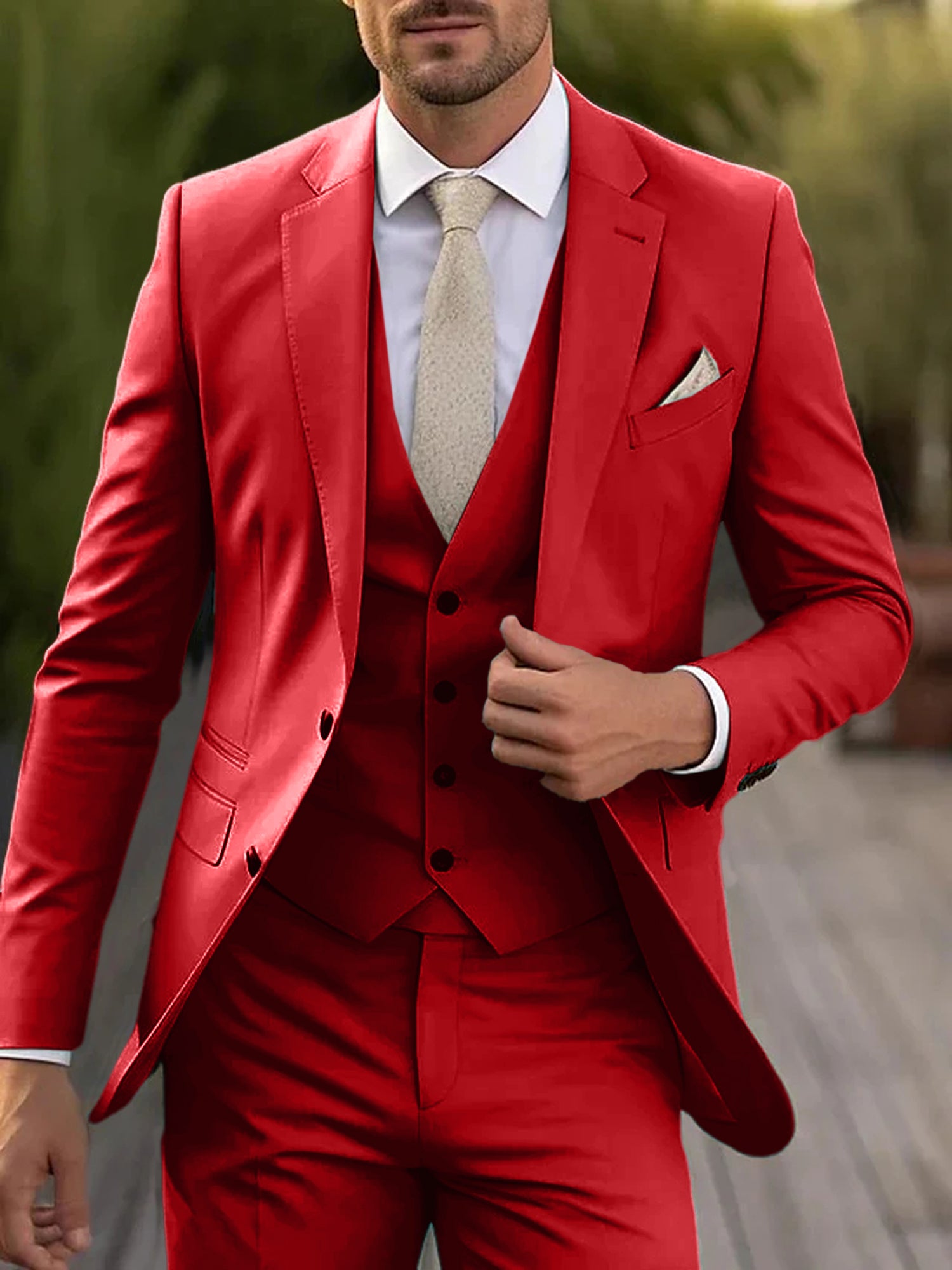 Men's Tailored Fit Single Breasted Two-buttons 3 Pieces Wedding Suits Red