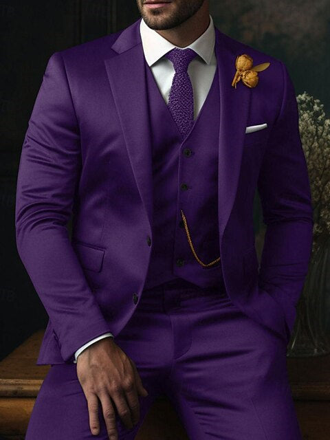 Men's Fit Single Breasted Two-buttons 3 Piece Plaid Wedding Suits Purple