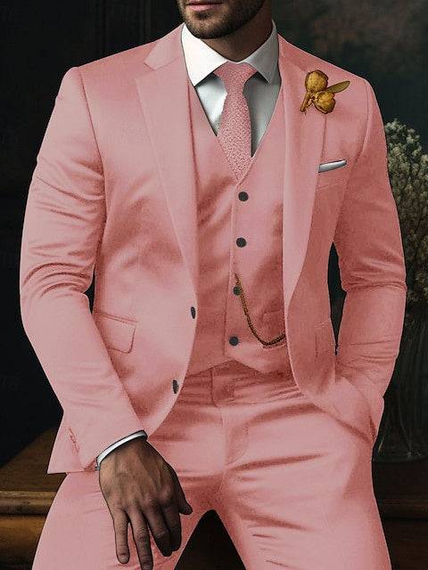 Men's Fit Single Breasted Two-buttons 3 Piece Plaid Wedding Suits Pink