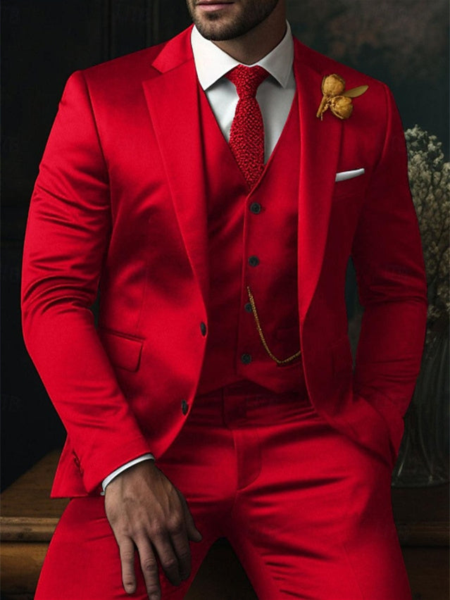 Men's Fit Single Breasted Two-buttons 3 Piece Plaid Wedding Suits Red
