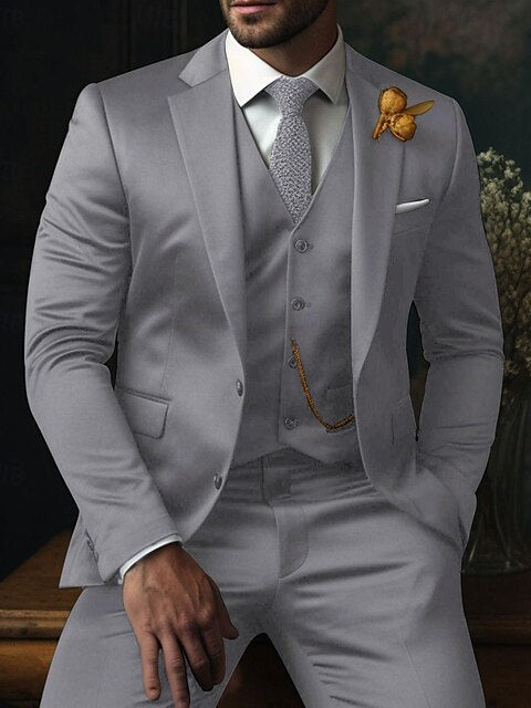 Men's Fit Single Breasted Two-buttons 3 Piece Plaid Wedding Suits Light Grey