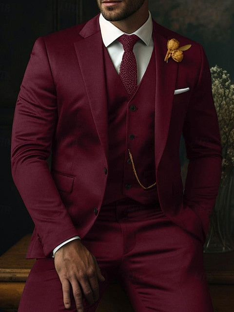 Men's Fit Single Breasted Two-buttons 3 Piece Plaid Wedding Suits Burgundy