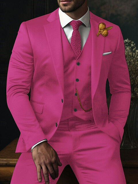 Men's Fit Single Breasted Two-buttons 3 Piece Plaid Wedding Suits Fuchsia