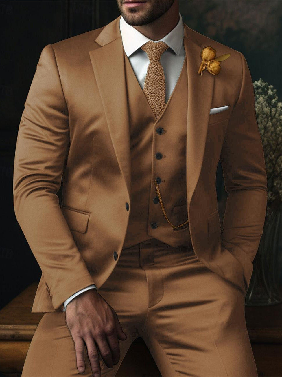Men's Fit Single Breasted Two-buttons 3 Piece Plaid Wedding Suits Khaki