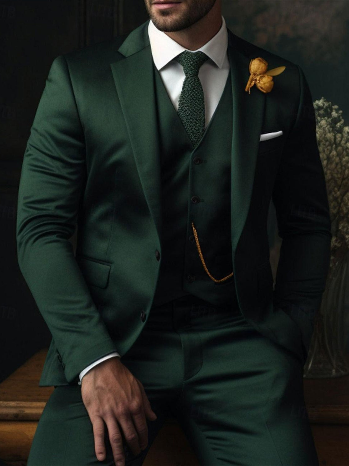 Men's Fit Single Breasted Two-buttons 3 Piece Plaid Wedding Suits Dark Green