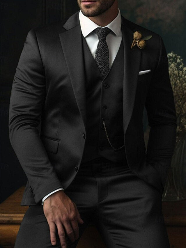 Men's Fit Single Breasted Two-buttons 3 Piece Plaid Wedding Suits Black