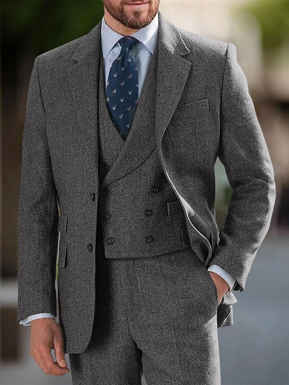 Men's Tailored Fit Single Breasted Two-buttons 3 Pieces Wedding Tweed Suits Gray