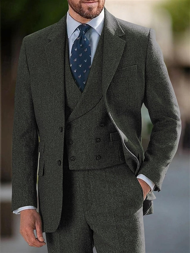 Men's Tailored Fit Single Breasted Two-buttons 3 Pieces Wedding Tweed Suits Dark Green