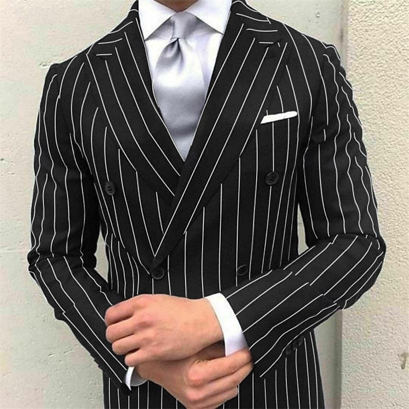 Men's Prom Pinstripe Peak Lapel Business Formal Striped Double Breasted Six-buttons Wedding Suits Black