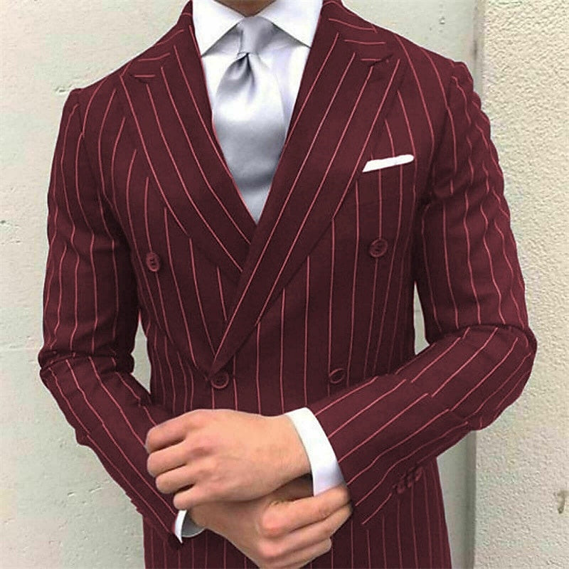 Men's Prom Pinstripe Peak Lapel Business Formal Striped Double Breasted Six-buttons Wedding Suits Burgundy