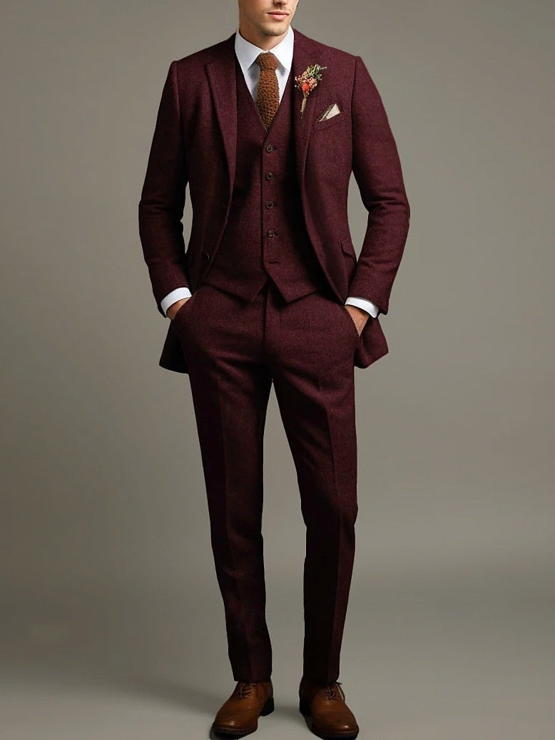 Men's Solid Colored 3 Piece Business Retro Vintage Tailored Fit Single Breasted Two-buttons Tweed Wedding Party Suits Red