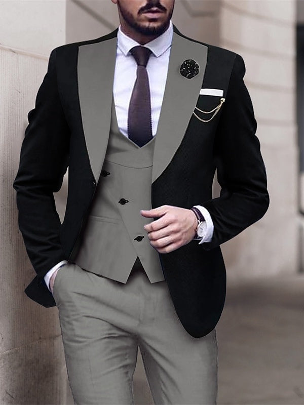 Men's Patchwork Tailored Fit Single Breasted Two-buttons Wedding Prom Suits 3 Piece Dark Gray