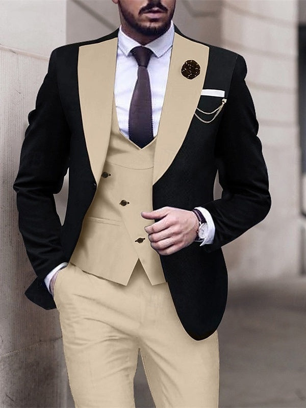 Men's Patchwork Tailored Fit Single Breasted Two-buttons Wedding Prom Suits 3 Piece Khaki