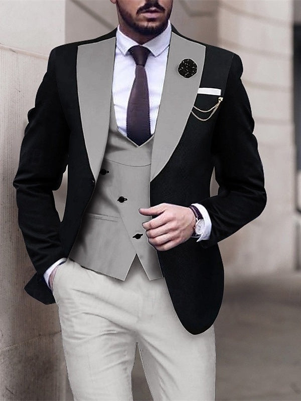 Men's Patchwork Tailored Fit Single Breasted Two-buttons Wedding Prom Suits 3 Piece Light Gray