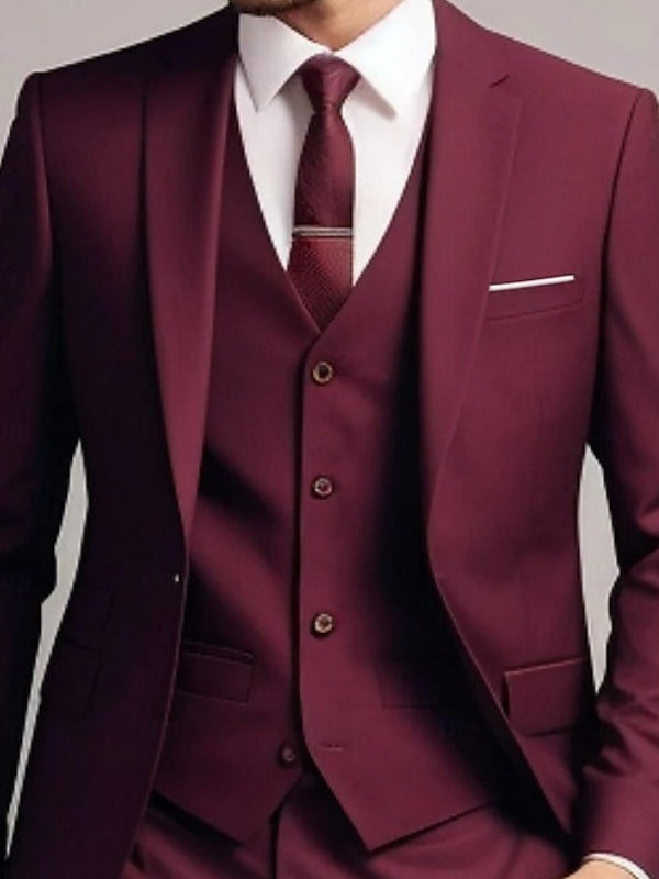 Men's Tailored Fit Single Breasted Two-buttons Party Wedding Suits 3 Piece Burgundy