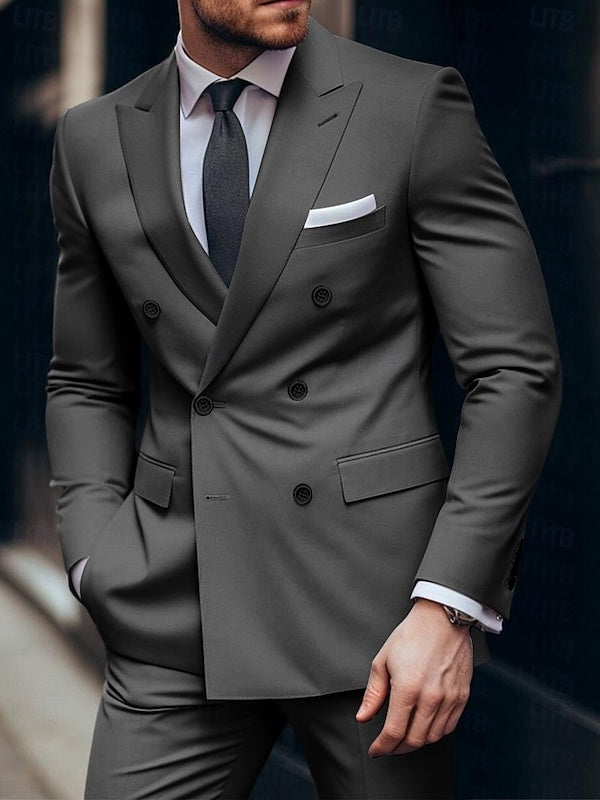 Men's Plus Size Daily Tailored Fit Double Breasted Six-buttons Wedding Suits 2 Piece Dark Gray