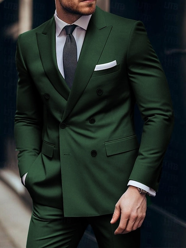 Men's Plus Size Daily Tailored Fit Double Breasted Six-buttons Wedding Suits 2 Piece Dark Green