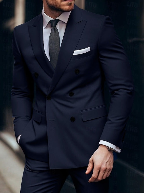 Men's Plus Size Daily Tailored Fit Double Breasted Six-buttons Wedding Suits 2 Piece Navy Blue