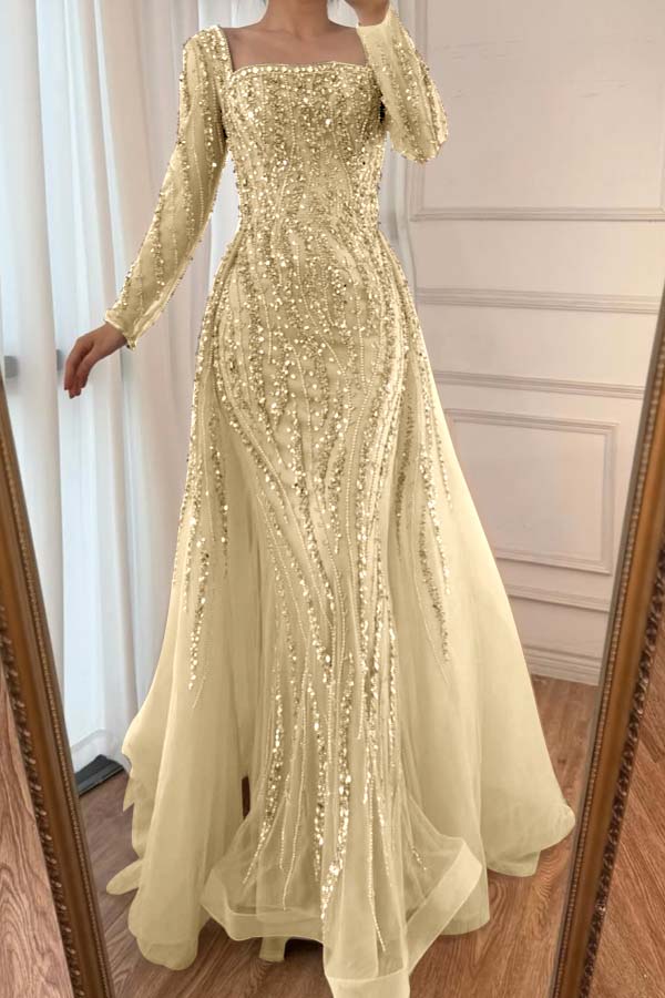 Square Neck Long Sleeves Long Mermaid Prom Dress With Beading Tulle-LLELLA