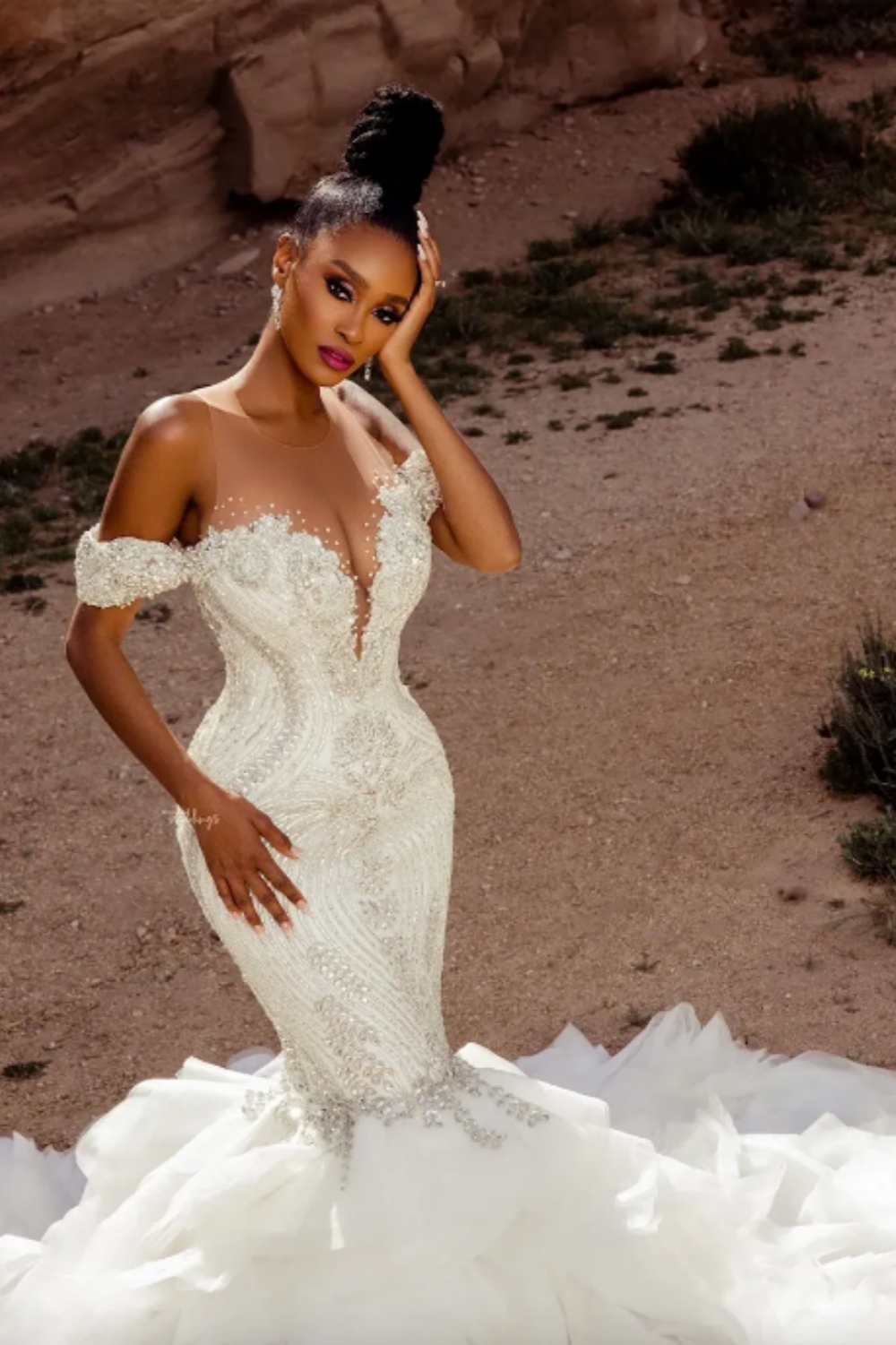 Beautiful Mermaid V-Neck Off-The-Shoulder Tulle Wedding Dresses-LLELLA