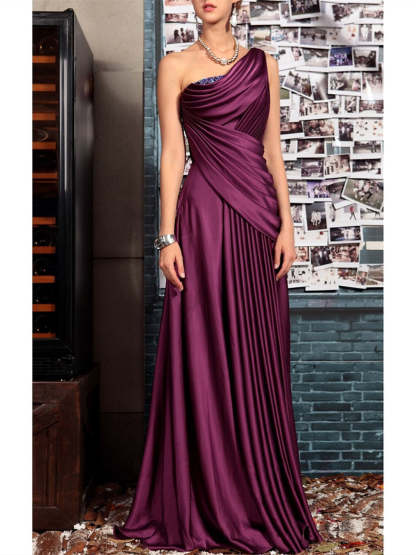 One Shoulder Sleeveless Floor Length Mother of the Bride Dress with Crystal Pleats and Draping-LLELLA