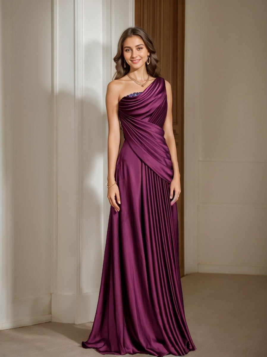 One Shoulder Sleeveless Floor Length Mother of the Bride Dress with Crystal Pleats and Draping-LLELLA