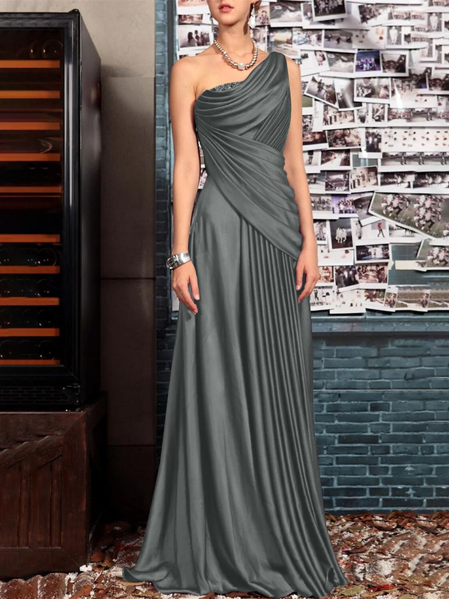 One Shoulder Sleeveless Floor Length Mother of the Bride Dress with Crystal Pleats and Draping-LLELLA