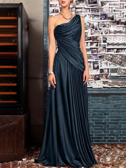 One Shoulder Sleeveless Floor Length Mother of the Bride Dress with Crystal Pleats and Draping-LLELLA
