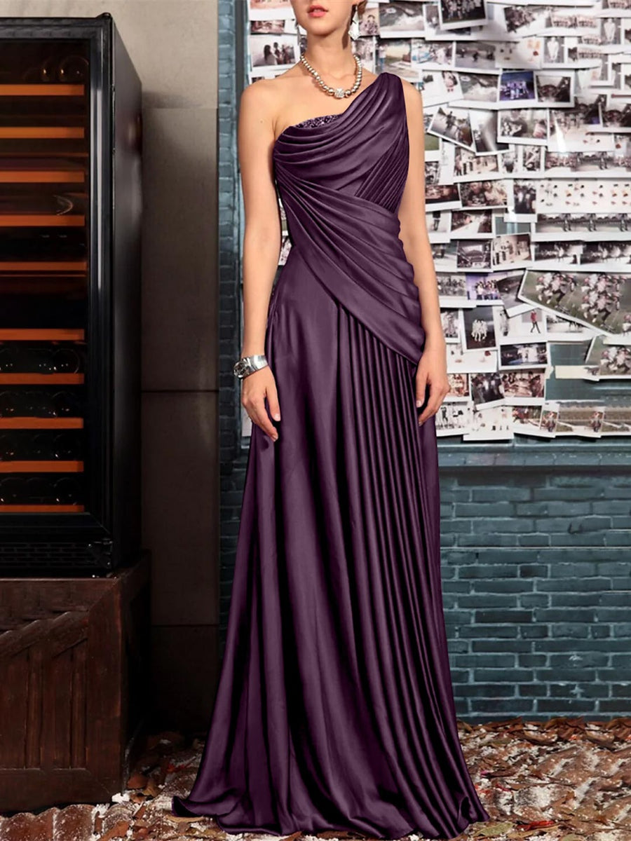 One Shoulder Sleeveless Floor Length Mother of the Bride Dress with Crystal Pleats and Draping-LLELLA
