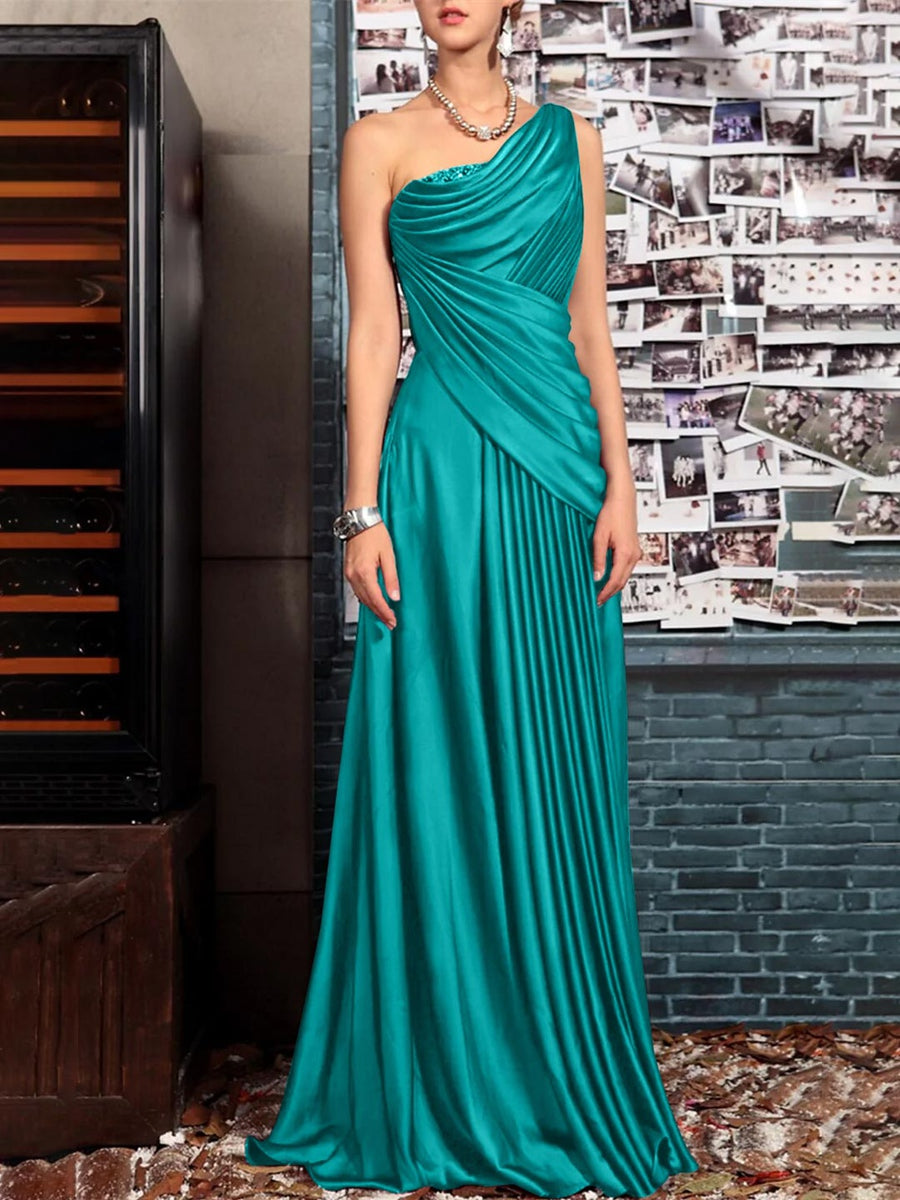 One Shoulder Sleeveless Floor Length Mother of the Bride Dress with Crystal Pleats and Draping-LLELLA