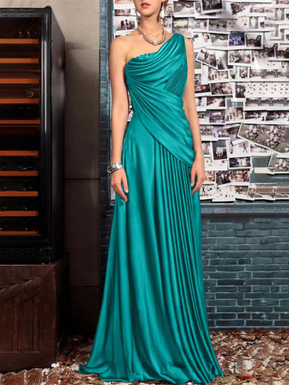 One Shoulder Sleeveless Floor Length Mother of the Bride Dress with Crystal Pleats and Draping-LLELLA